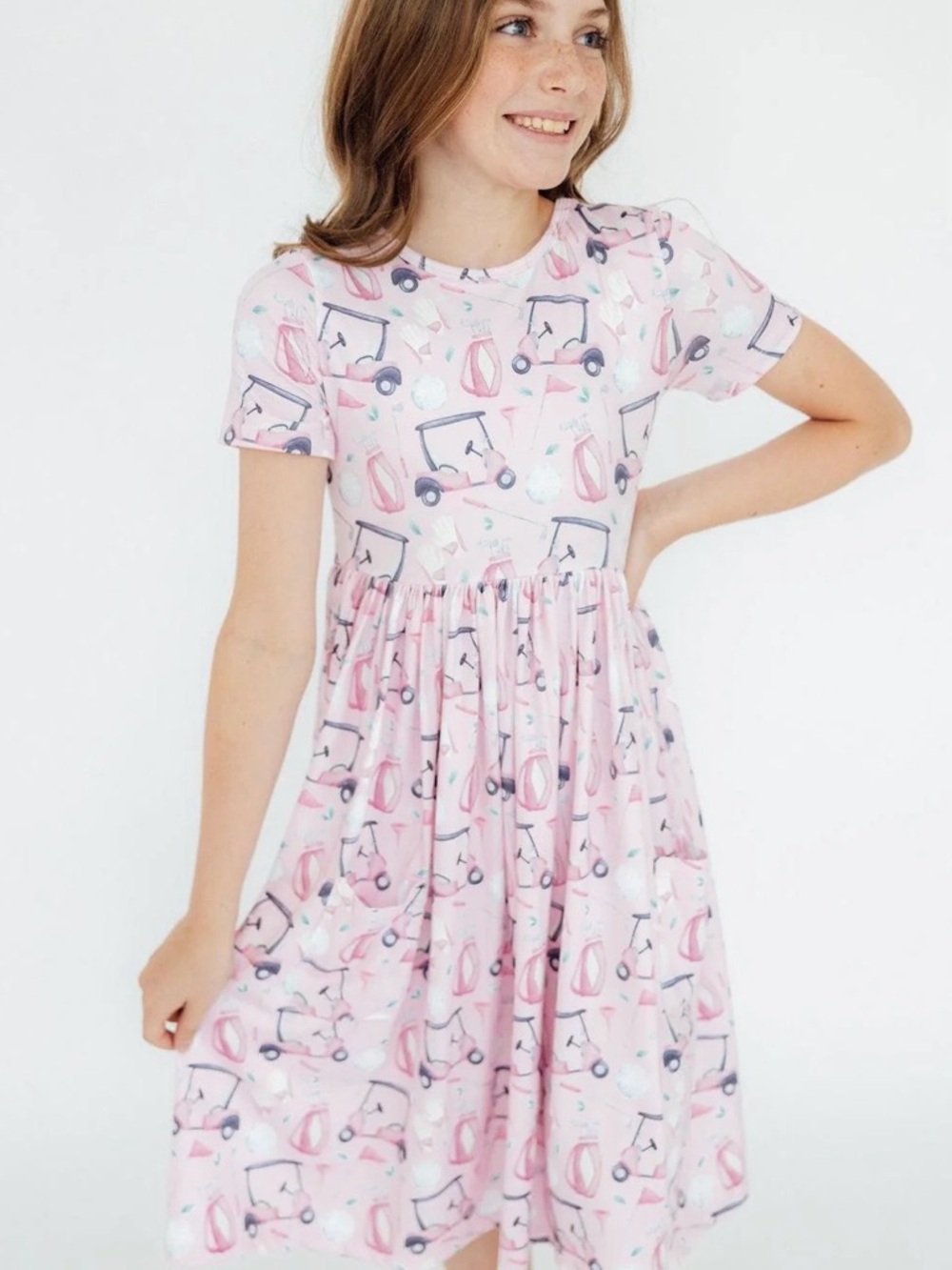 Mila and Rose Girls' Pink Golf Cart & Beach Print Short Sleeve Dress. EUC